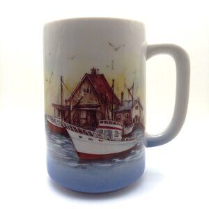 VTG Otagiri Coffee Tea Mug Handle Fishing Village Boats Seagulls 80's Sea Japan